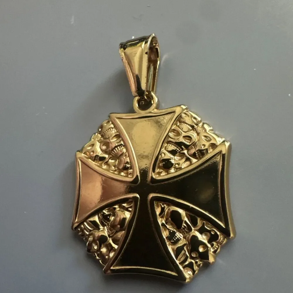 Viking Nordic Cross Skull Pendant Stainless Steel 24 Inch Chain Faith Gold Plate